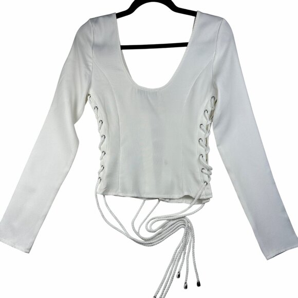 PLT WOMENS TOP SIZE 2 CREAM WOVEN LACE UP PLUNGE DETAIL LONG SLEEVE SEXY TOP NWT - Picture 5 of 12